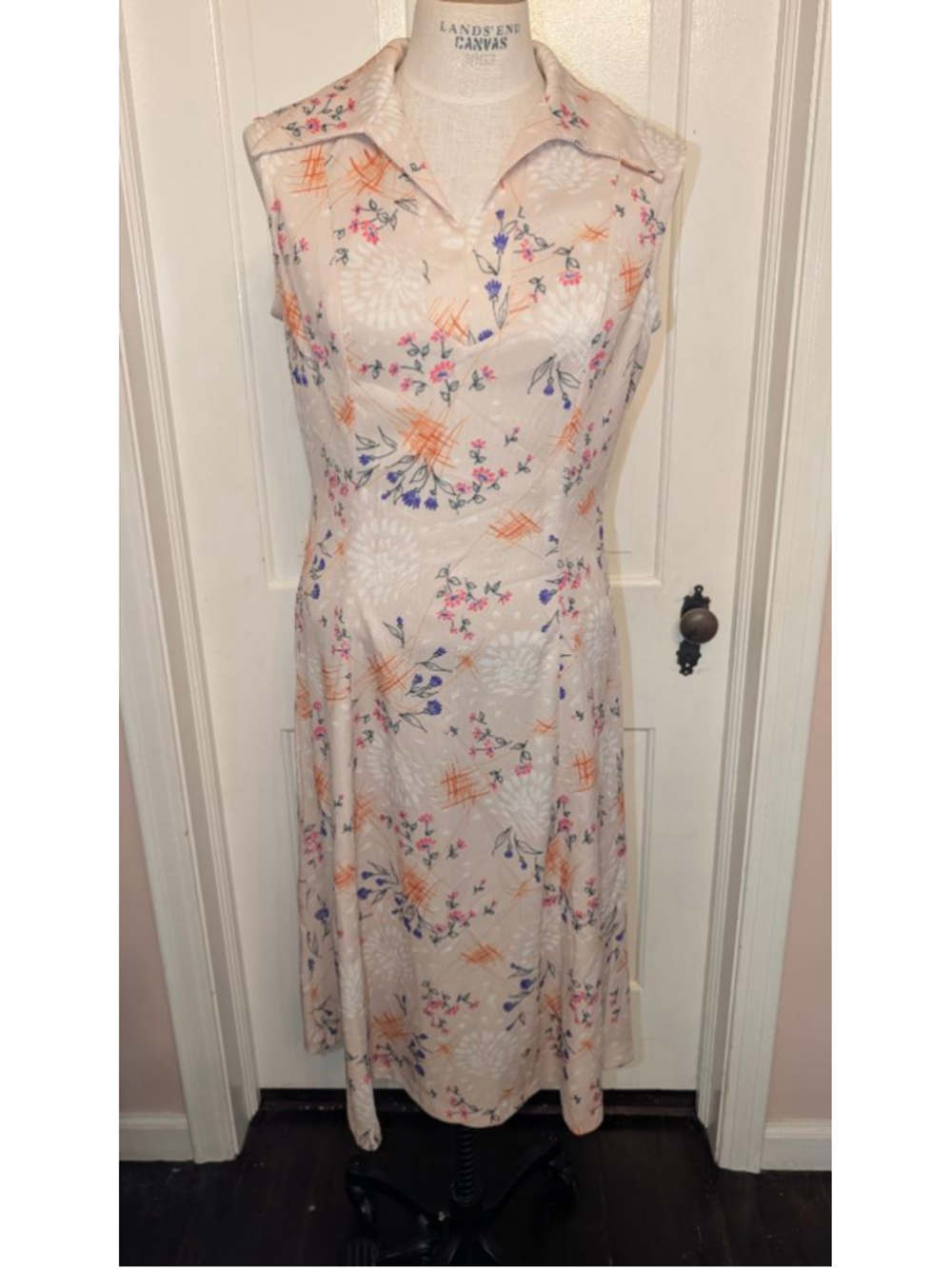 Vintage 70s Beige Floral Sleeveless Midi Dress M
